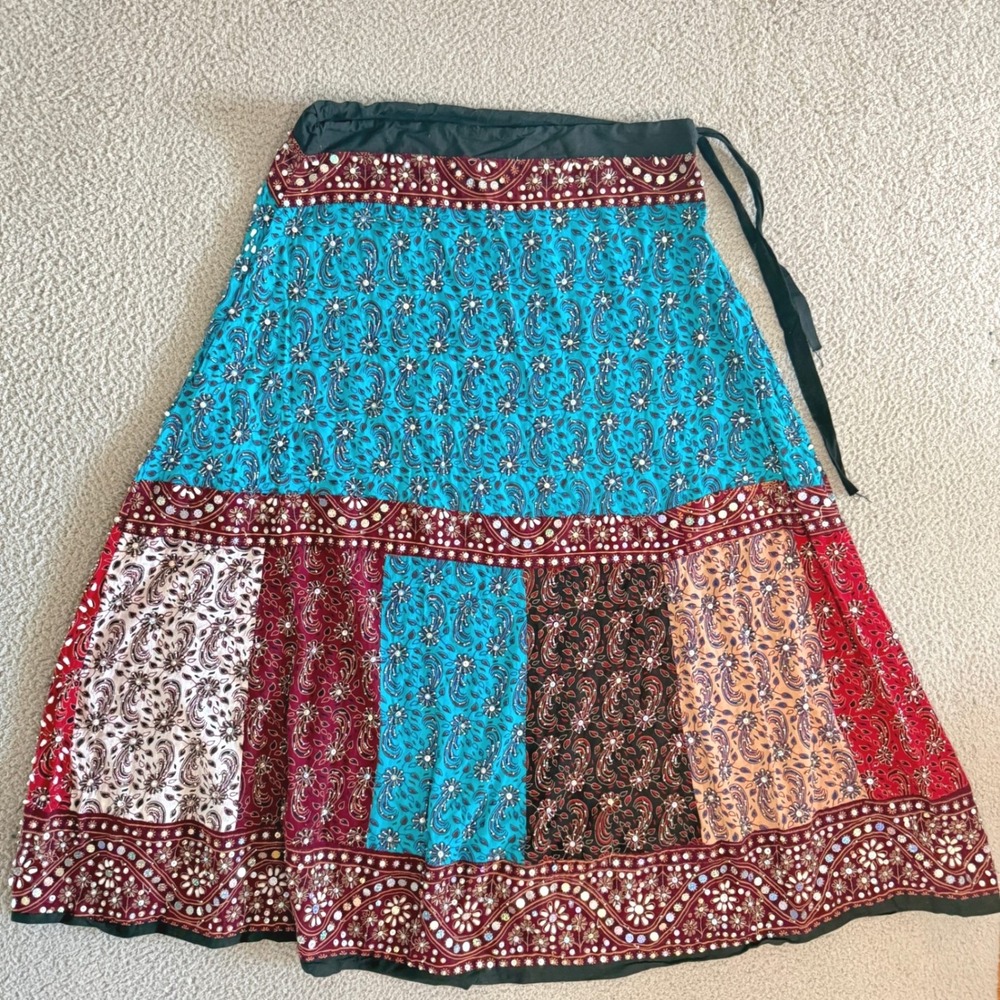 Vintage Boho Beaded Maxi Skirt XL Paisley Sequin Mirror Embellished Patchwork